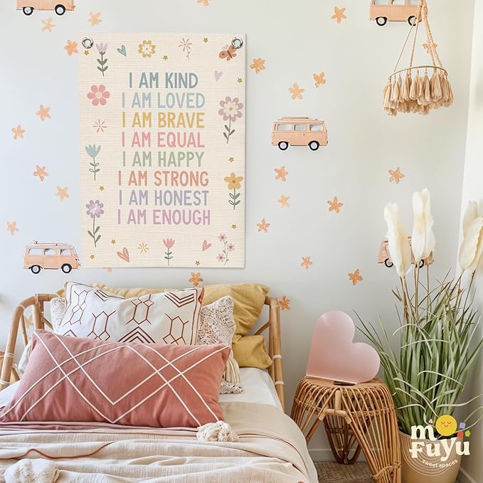 Affirmations Wall Hanging Art for Kids, Flower Wall Art I Am Kind Linen Canvas Banner, Girls Room Decor, Kid's Bedroom, Affirmations Wall Banner, Inspirational Nursery Decor 18x25 Inch