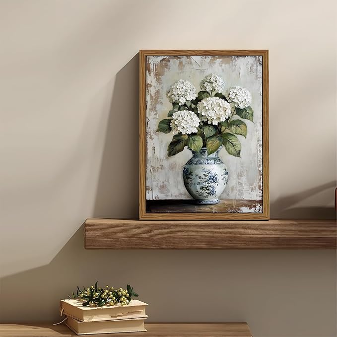 Vintage Chinoiserie Floral Canvas Wall Art White Hydrangea Wall Decor Print Farmhouse Still Life Painting Blue and White Porcelain Picture for home bedroom living room decoration 8x10in frame