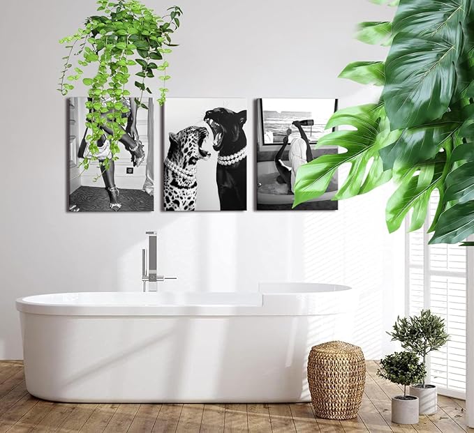Bathroom Fashion Leopard Print Black and White Canvas Wall Art Trendy Women Posters Paintings Luxury Feminist Pictures Wall Decor for Bedroom Living Room Hallway Home Decoration 12×16 In Framed