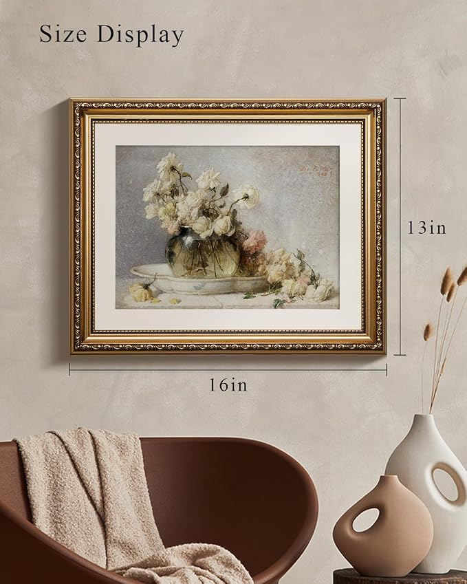 VIYYIEA Gold Framed Vintage Floral Still Life Wall Art, Elegant White Roses Artwork for Living Room or Bedroom Decor | Zero-Glare, Lightweight Textured Art with No Glass | 13x16 Inch