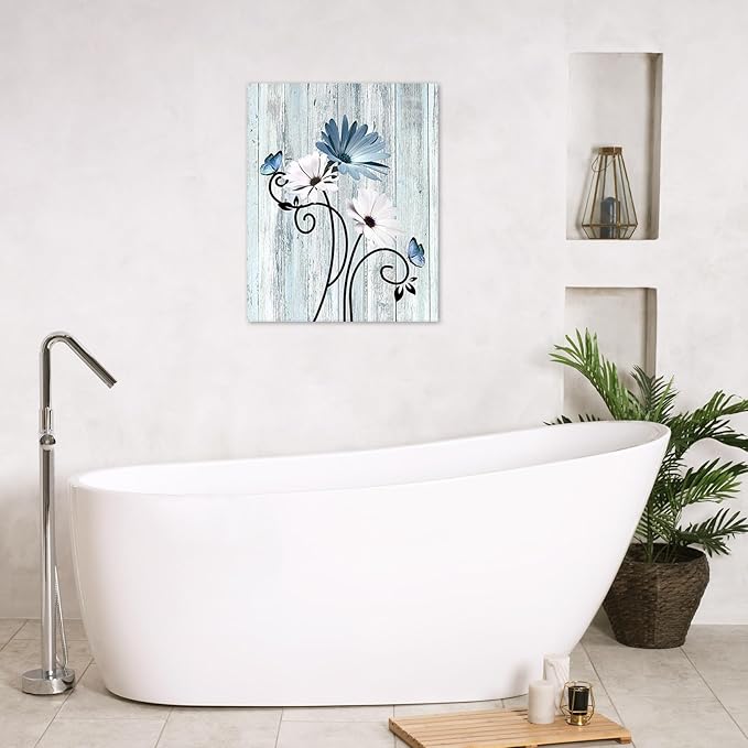 HVEST Blue Daisy Wall Art Rustic Farmhouse Floral and Butterfly Botanical Canvas Art Decor Vintage Plant Wall Decor for Living Room Bathroom Bedroom Office, 24L x 16W Inches