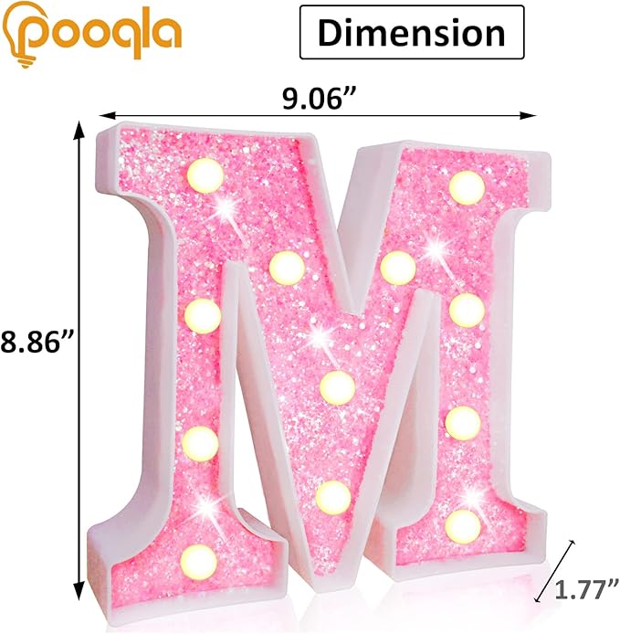 Pooqla LED Marquee Letter Lights, Light Up Pink Letters Glitter Alphabet Letter Sign Battery Powered for Night Light Birthday Party Wedding Girls Gifts Home Bar Christmas Decoration, Pink M