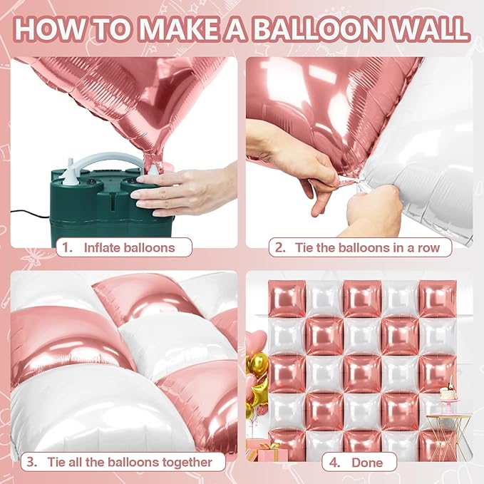 NISOCY 25PCS Rose Gold White Square Foil Balloons Wall Backdrop Double Sided White Rose Gold Balloon Arch Kit for Birthday Wedding Engagement Bridal Shower Valentine Party Decoration