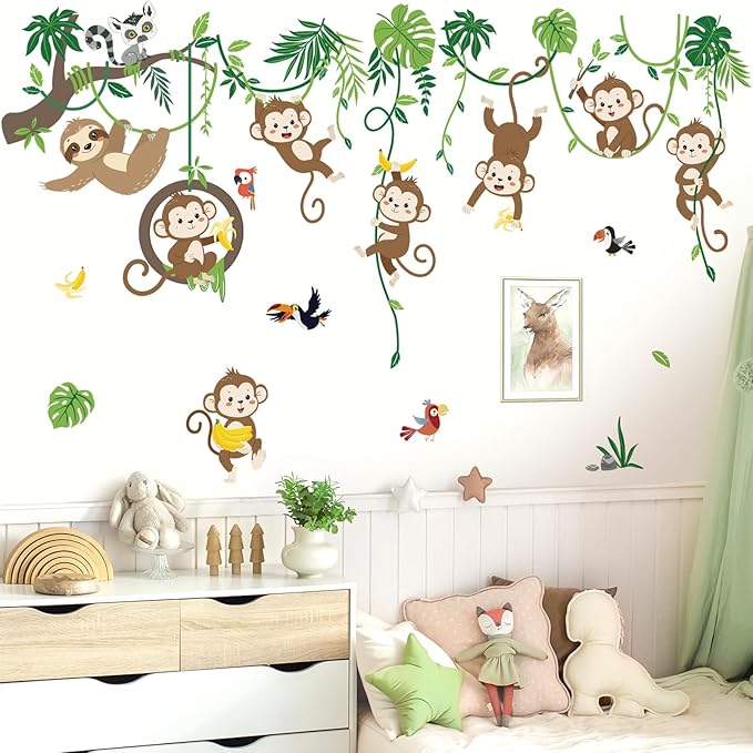 decalmile Monkey Climbing Tree Wall Decals Jungle Animals Tree Branch Sloth Wall Stickers Living Room Baby Nursery Kids Room Wall Decor
