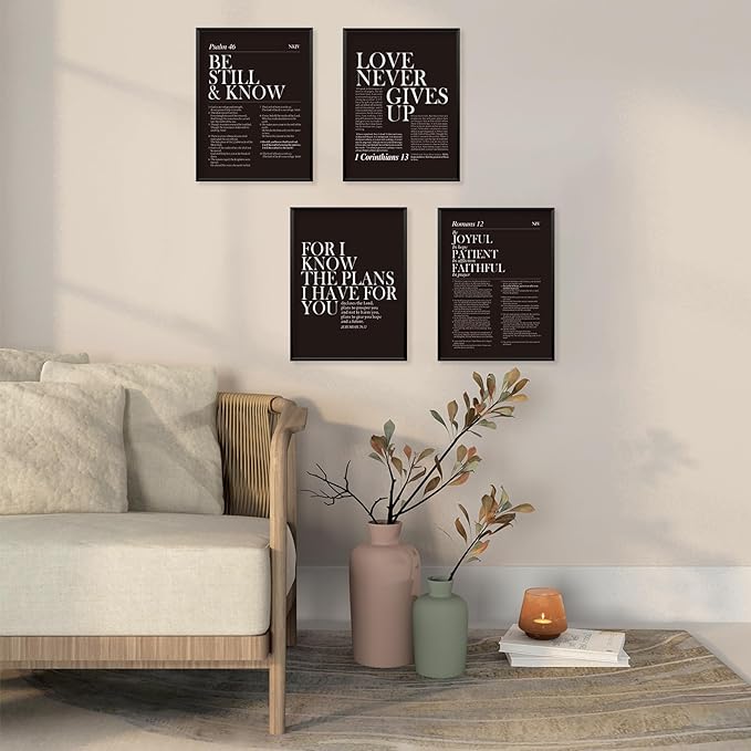 Locomiss Black and White Christian Wall Art Decor, Modern Black Minimalist Jesus Scripture Wall Decor, Black Inspirational Bible Verse Posters for Bedroom Office Living Room, Set of 4 (12x16 Unframed)