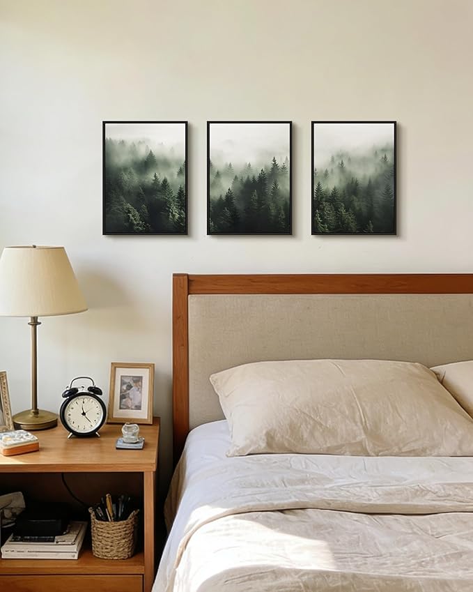 SHENIFY Green Fog Pine Tree Forest Canvas Wall Art 11x14in Framed Nature Modern Artwork Prints Decor - Black Framed