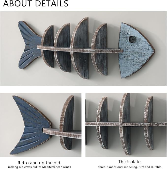 Wooden Fish Wall Shelf, Wood Fish Beach Decor Display Shelf, Nautical Coastal Style Wall - Mounted Organizer in Bedroom，Living Room，Lake House, Bathroom