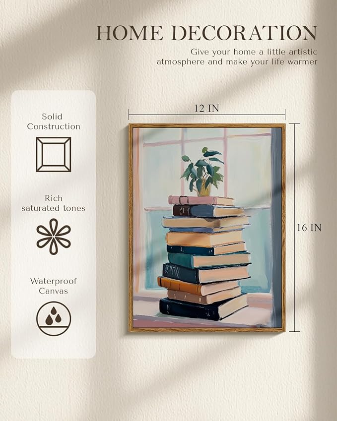 Back to School Wall Art Green Potted Plant on Vintage Book Stack 12x16 Framed, Study Room College Dorm Classroom Educational Canvas Print, Library Bookish Aesthetic Cozy Reading Corner Decor