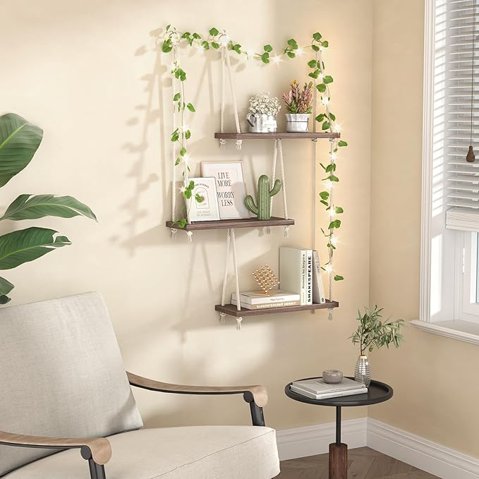Hanging Shelves for Wall with Vine Lights, 3 Tier Rope Wall Hanging Plant Shelf, Boho Wall Decor Aesthetic for Succulents, Bedroom, Living Room, Bathroom (Rustic Brown)