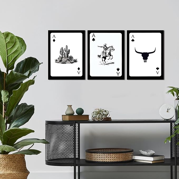 Western Cowboy Wall Art Set of 3 Southwestern Cowboy Print Playing Card Canvas Wall Decor Longhorn Bull Skull Poster Picture Prints Painting for Bedroom Living Room 16x24 In Framed