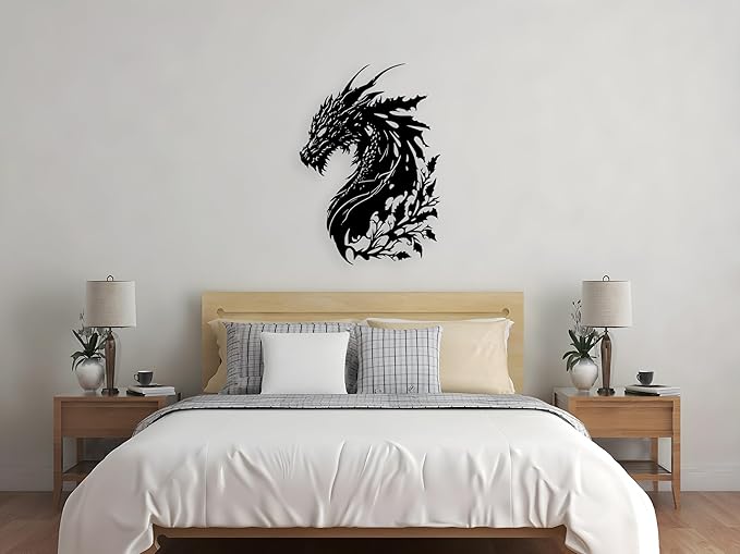 Dragon Metal Wall Art Medieval Decor Fantasy Decorations for Living Room Bedroom Office Man Cave Decor for Men Dragon Lover's Gifts (14.2 In X 11.4 In Black）