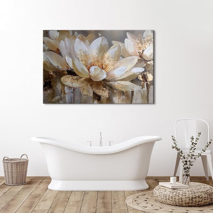 Zen Wall Art Abstract Lotus Wall Decor for Bedroom Spiritual Meditation Paintings Picture White and Gold Flowers Canvas Prints Minimalist Floral Artwork for Living Room Office Decorations 32x48"