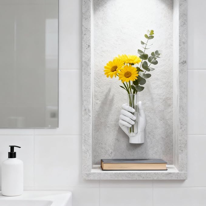 White Wall Hand Vase,Vintage Art Decor,Life-Size Hand Sculpture with Glass Test Tube Vase,Unique Wall Art Statue for Indoor or Outdoor,Maximalist Boho Whimsical Decor, for Women