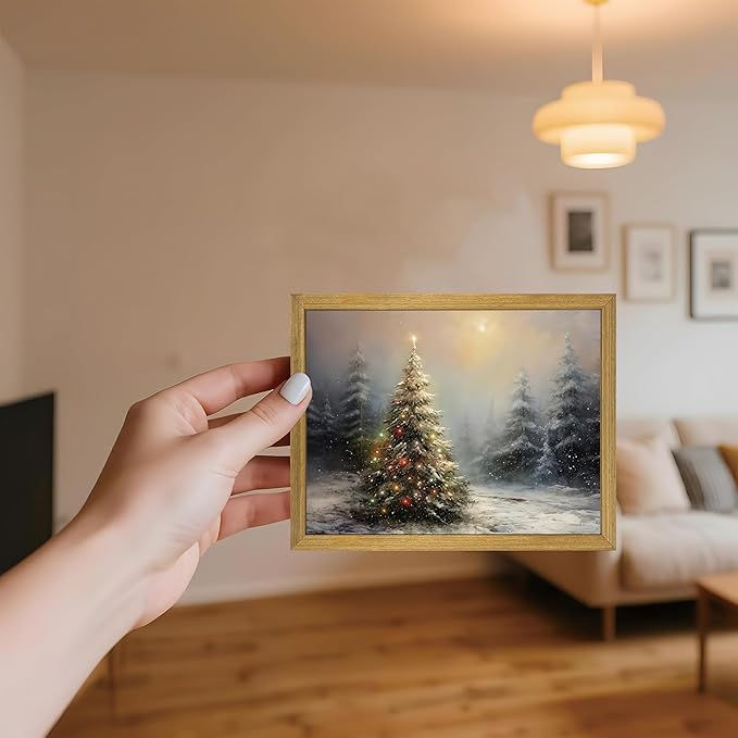 Vintage Christmas Wall Art, Vintage Pine Tree Canvas Wall Decor Painting, Rustic Winter Tree Print, Botanical Winter Art, for Table Farmhouse Mantel Home Office 8x10 Inch Wood Framed