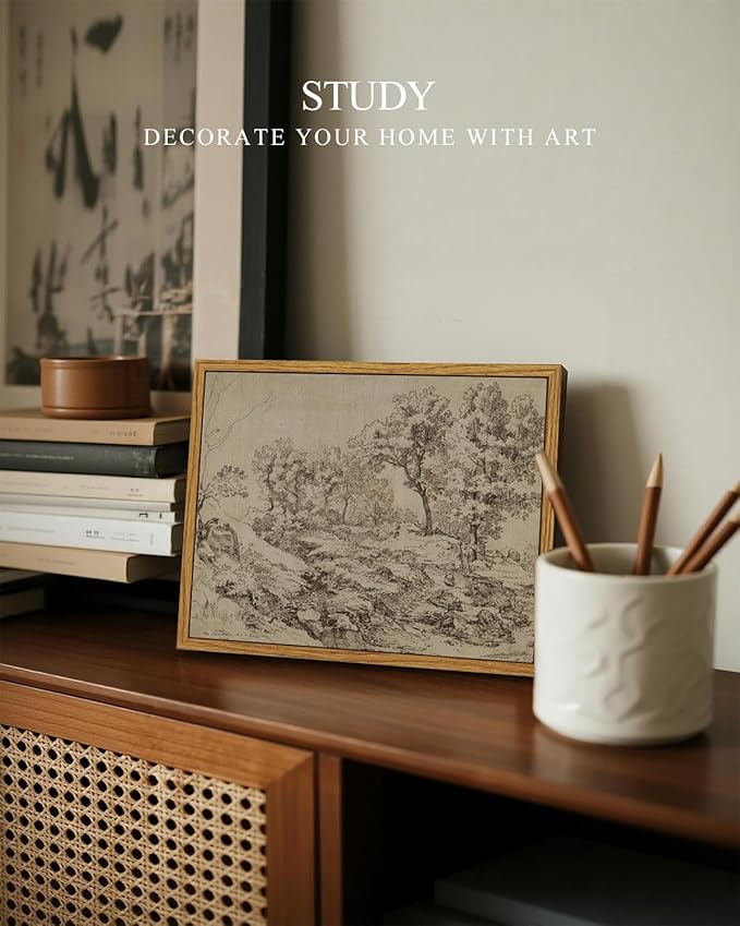 InSimSea Framed Canvas Print Art, Vintage Sketch Landscape Painting, Rustic Farmhouse Cottage Decor for Hallway Wall Floating Shelf Desk Vanity Fireplace,10x8 in, Neutral Tones