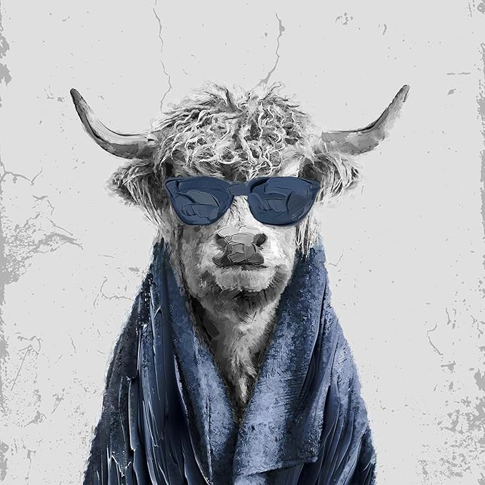 Framed Highland Cow Funny Bathroom Wall Art, 4 Piece Fun Animal Navy Blue Art Prints, Cute Cow Sitting on Toilet or in Bathtub or Reading Pictures Wall Decor for Toilet, Restroom, Washroom, Bathroom