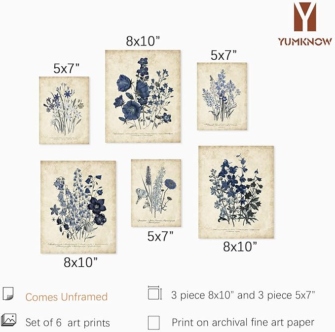Watercolor Vintage Flower Poster Print - Rustic Modern French Country Cottagecore Wall Art - Primitive Blue Magnolia Leaves Pictures Gallery Gift - Farmhouse Plant Botanical Floral Kitchen Room Decor