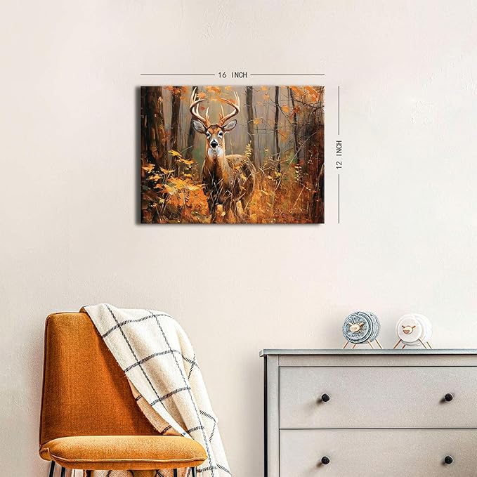 Deer Pictures Wall Decor Fall Forest Wall Art Autumn Orange Forest Landscape Canvas Prints Wildlife Animal Poster Nature Woodland Elk Painting Artwork for Bedroom Living Room Home Decoration 12x16"
