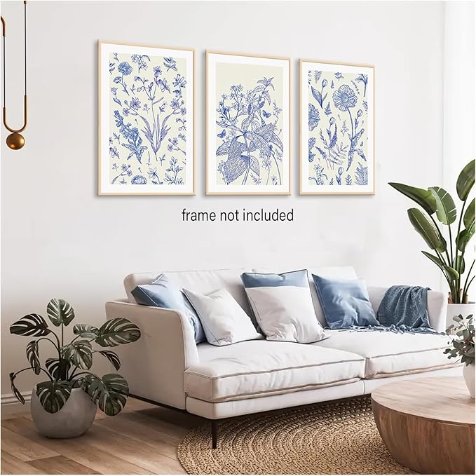 LYPHNX Blue White Chinoiserie Floral Poster Wall Art Navy Watercolor Flower Canva Painting Set of 3 Minimalist Botanical Wildflower Prints Picture Home Decor for Bedroom Living room 12"x16" UnFramed
