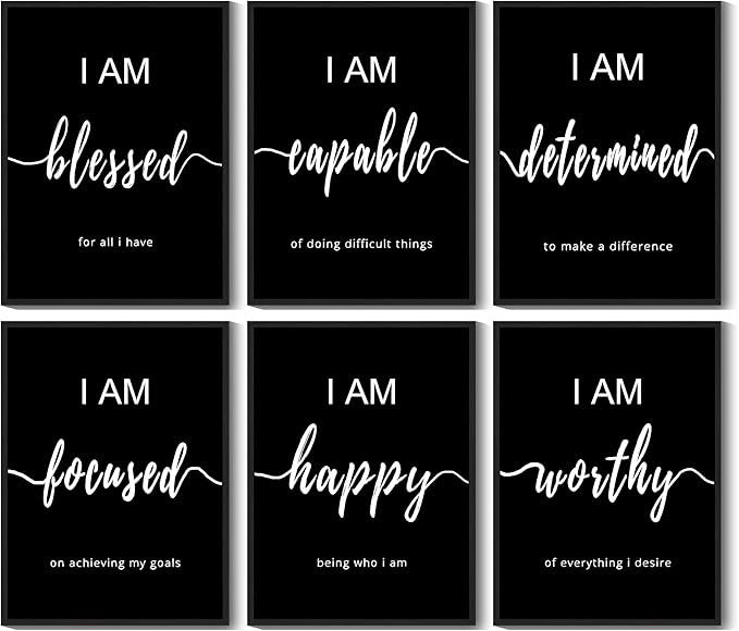 KUVIOKE Inspirational Wall Decor Motivational Quotes Framed Wall Art Encouraging Office Affirmations Sayings for Kids Classroom Bedroom Living Room Ready to Hang Set of 6, 11x14in (Black Framed)