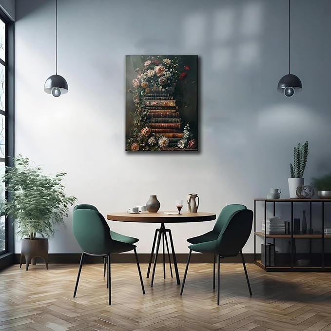 Framed Vintage Floral Wall Art Moody Flowers Books Art Painting Dark Wildflowers Academia Gallery Picture Print Wall Decor Rustic Country Canvas Decor for Living Room Office 16X24In