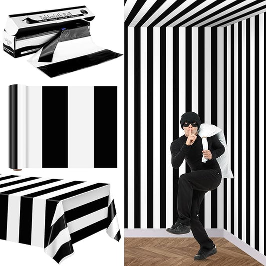 Kochorie 100 Ft x 54 Inch Black & White Striped Tablecloth Roll with Cutter Box Disposable Halloween Plastic Tablecloth Cut to Size Table Cover Backdrop for Halloween Backdrop Stage Party Supplies