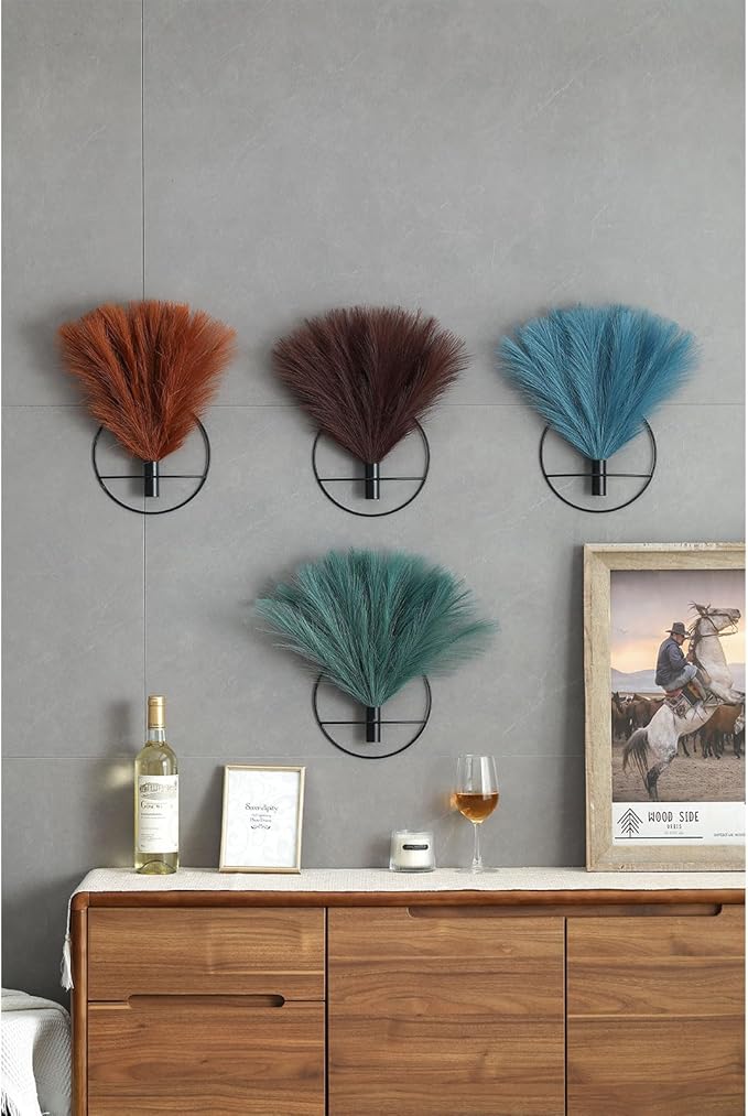 Pretty Jolly Boho Wall Decor - Hanging Artificial Pampas Display for Living Room, Bedroom, Bathroom, Dining Room - Wall-Mounted Metal Art Plant Decor (2 Pack)