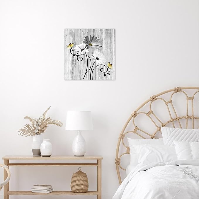 HVEST Grey Floral Wall Art for Living Room Daisy and Butterfly Bathroom Wall Decor, Rustic Farmhouse Plant Framed Wall Art for Bedroom Kitchen Home Office, 12L x 12W Inches