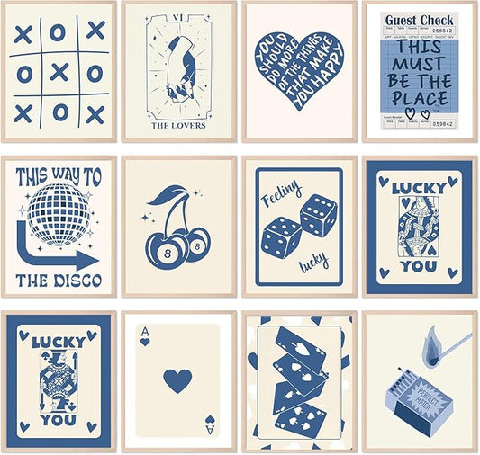 KBKBART 12pcs Blue Lucky Poster - Playing Card Wall Art, Poker Room Decor, Blue Trendy Wall Art, Funky Posters Aesthetic Pictures, Retro Ace Prints Queen of Hearts Decor for Bedroom (UNFRAMED)