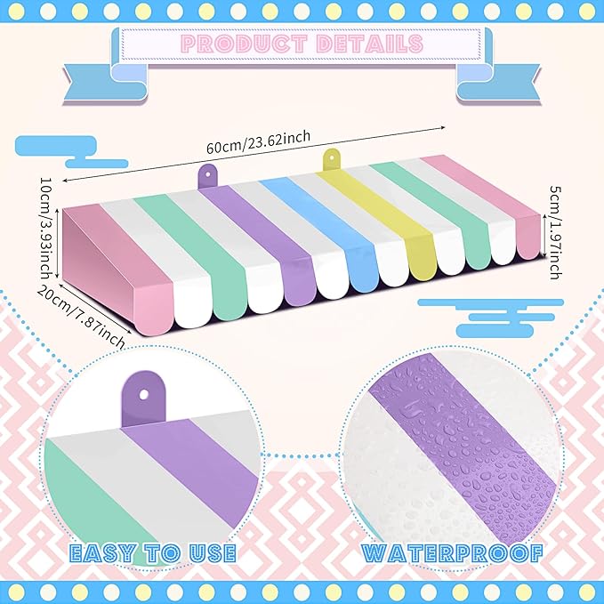 Boao 4 Pack Pastel Circus Awning Decoration Macaron 3D Stripe Cardboard Awning Pastel Wall Decor Colorful Carnival Party Favor for Spring Easter Bakery Ice Cream Truck Bulletin Board