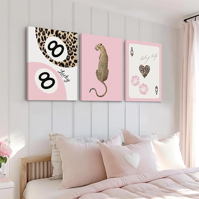 Cheetah Trendy Wall Art Preppy Leopard Canvas Print Cheetah Room Wall Decor 8 Ball Poster Y2k Pink Coquette Luxury Print Lucky Aesthetic Fashion Pictures for Bedroom 24x36x3 Inch Wrapped Canvas