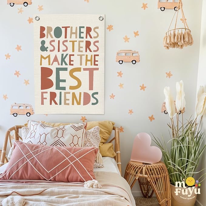 Kids Room Decor Linen Canvas Banner,Brothers & Sisters Make the Best Friends Wall Hanging Pennant Flag for Nursery,Bedroom,Playroom,Game Room Front Door,18x25 Inch