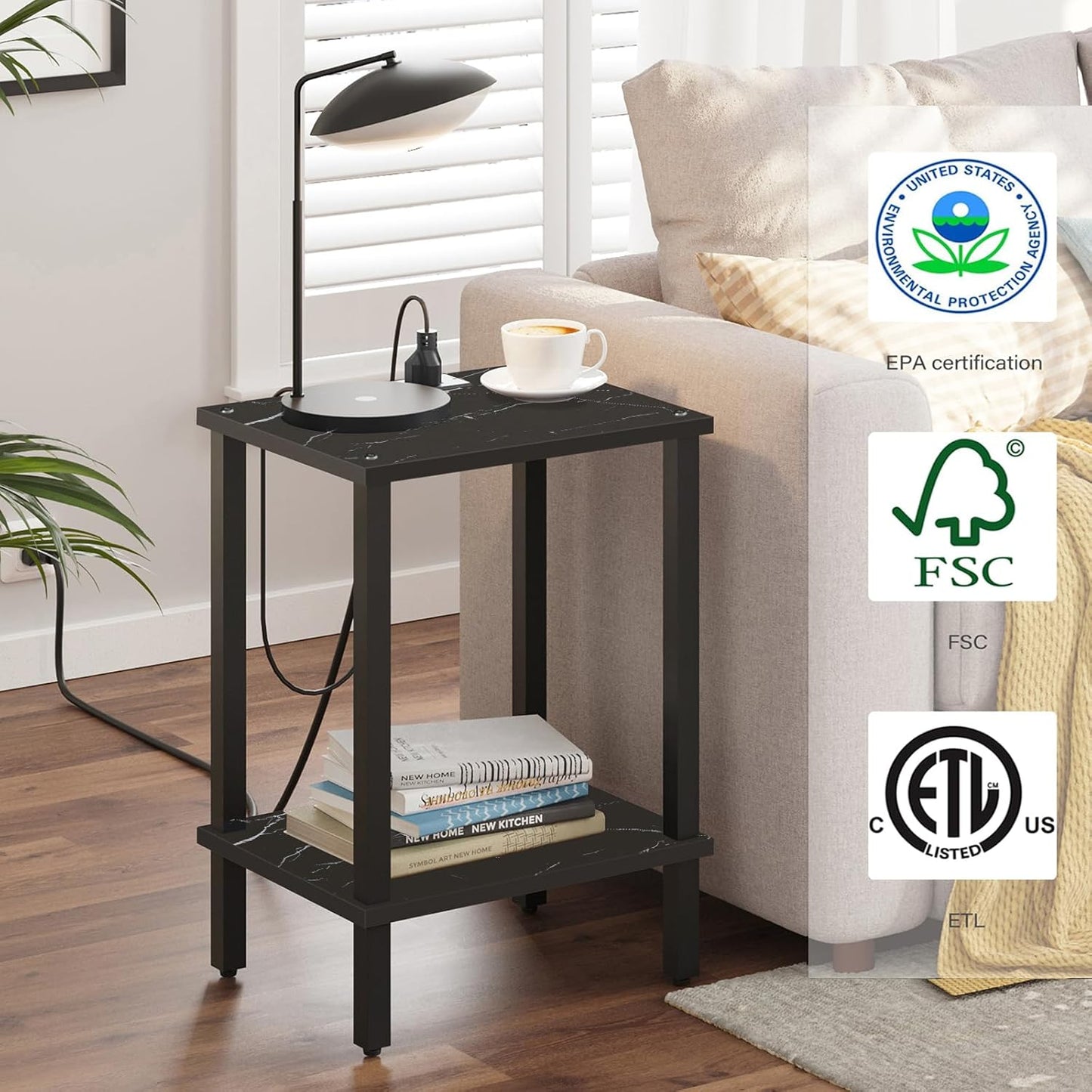 TUTOTAK End Table with Charging Station, Small Side Table, Nightstand Bedside Table, 2-Tier Storage Shelf for Small Space, Living Room, Bedroom, Marble Black TB01BMK040