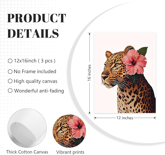 Trendy Leopard Wall Art Pink Cheetah Print Room Decor Leopard Flower Canvas Wall Decor Cheetah Aesthetic Poster Girly Pink Preppy Picture Funky Y2k Artwork for Girl Bedroom 12x16x3 Inch Unframed