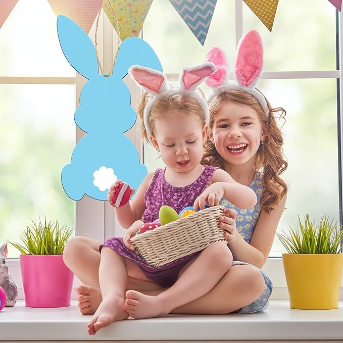 Juweked Easter Bunny Wooden Sign Easter Door Sign with String Easter Decorations Bunny Door Hanger Easter Wall Hanging Easter Bunny Banner Easter Rabbit Decor Easter Party Supplies (Blue)
