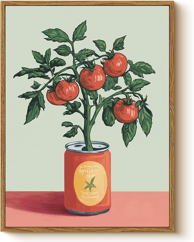 WHASAYART Retro Tomato Plant Growing from Can Framed Wall Art 12x16 Inch, Vintage Vegetable Botanical Food Canvas Print, Pantry Cafe Kitchen Dining Room Farmhouse Decor