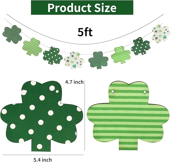 St Patricks Day Decorations-Wooden Shamrock Garland for St. Patrick's Day Decor-Reusable Lucky Green Banner Garland for Fireplace Mantel Walls Decor