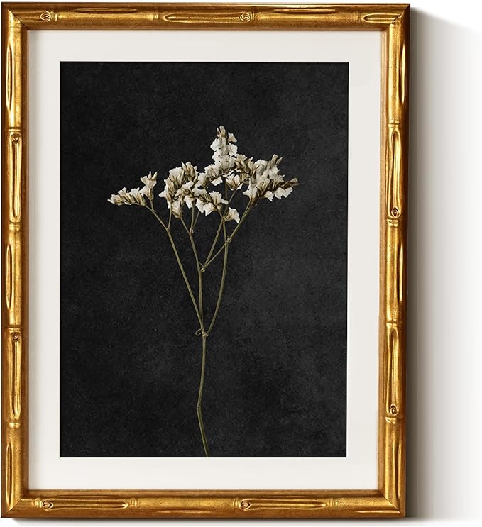 InSimSea Gold Bamboo Framed Canvas Wall Art, Retro Dark Dried Wildflower Botanical Paintings, Antique Vintage Picture Frame with Mat, Home Wall Decor for Living Room Bedroom Gallery, 11x14inch