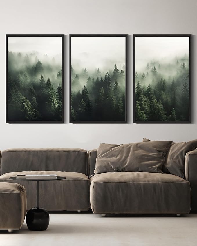 SHENIFY Green Fog Pine Tree Forest Canvas Wall Art Large 16x24in Framed Modern Artwork Prints Decor - Black Framed