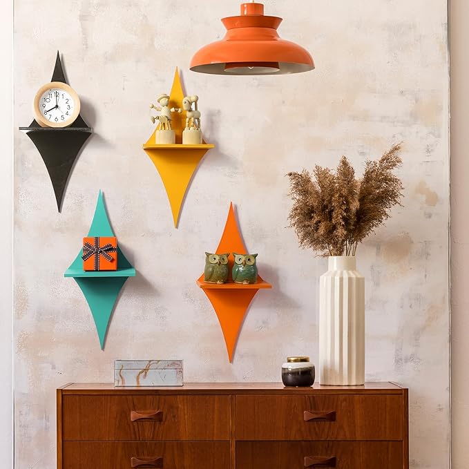 4 Pcs Mid Century Wall Decor Wooden Retro Celestial Star Shaped Burst Wall Art Mount Shelves for Aesthetic Hanging Storage Sign Decoration for Room Bedroom Party(Rhombus)