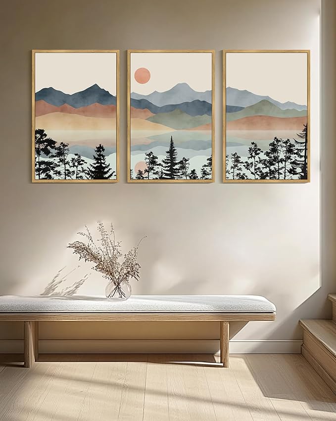 Drsoum Mountain Range Landscape Wall Art Framed Ink Wash Watercolor Nature Wall Decor Laker Sun Rises Prints Bedroom Living Room Ready to Hang 24x36in Natural Framed