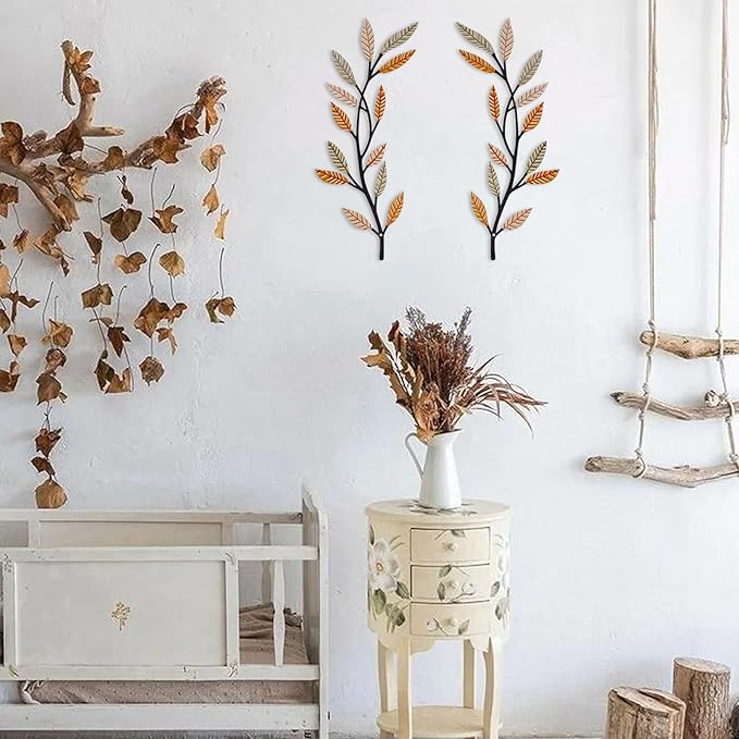 Metal Tree Leaf Wall Decor 2 PCS Rustic Vine Branch Leaf Wall Art for Living Room Bedroom Bathroom Decorations - Sunlit Wheat