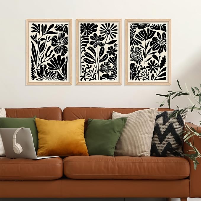 YWJKWLGS Black and White Abstract Floral Botanical Wall Art, 3 piece, 11x16 Inch, Vintage Boho Plant Flower Minimalist, Mid Century Print sign Frame for Bedroom Living Room Office (Wood)