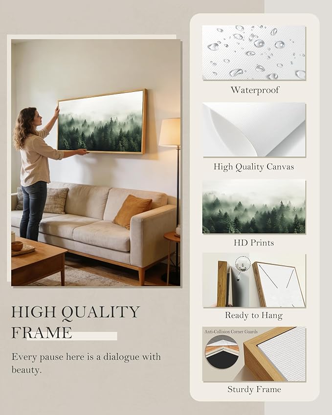 SHENIFY Green Fog Pine Tree Forest Vintage Framed Wall Art Modern Landscape Scenery Farmhouse Artwork Prints Decor for Hallway Bedroom Living Room Dining Room - 30x60in Natural Framed
