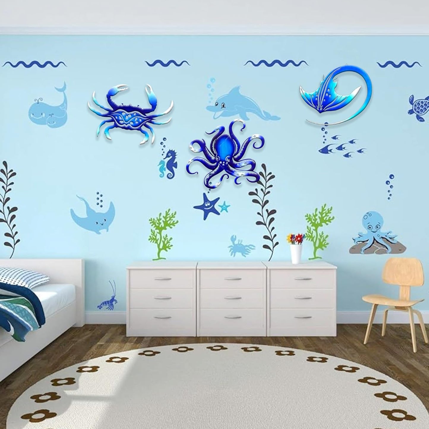 Weibefee Metal Wall Art Decor Octopus Crab Manta Ray Coastal Nautical Ocean Decor Concise 9'' Set of 3 Hanging Decorations for Bathroom Beach Indoor Outdoor Pool Home Bedroom Living Room Blue