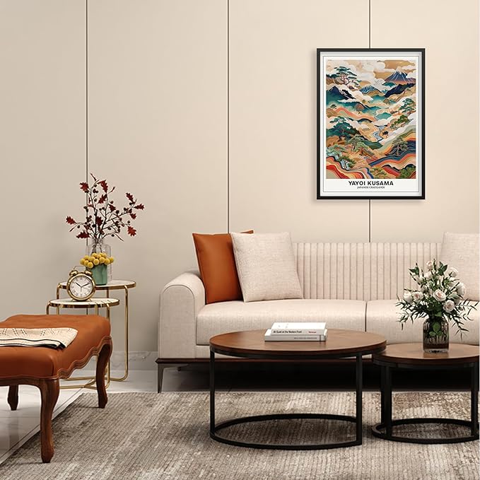 Vintage Yayoi Kusama Grasslands Posters Japanese Wall Art Yayoi Kusama Abstract Landscape Canvas Print for Stylish Room Bedroom Living Room Gallery Decor 24x36in Black Framed