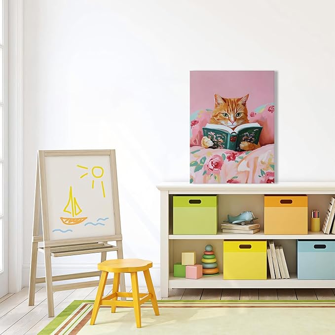 Framed Vintage Cats Canvas Wall Art, Funny Animal Reading Books Poster Printing Pictures, Pink Cute Cat Lovers Wall Decor for Girls Room Bedroom Kids Room Living Room Bathroom 16x24 in