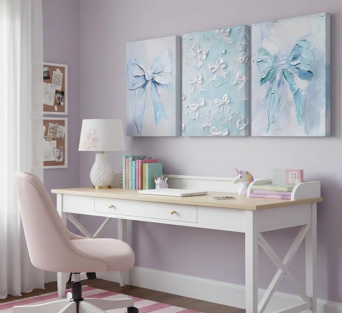 3Pcs Trendy Blue Bow Canvas Wall Art Vintage Cute Preppy Watercolor Bow Painting Pictures Wall Decor Posters Prints Girly Aesthetic for College Apartment Bedroom Decoration