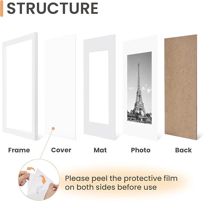 upsimples 9x12 Picture Frame Set of 5, Display Pictures 6x8 with Mat or 9 x 12 Without, Wall Gallery Photo Frames, White