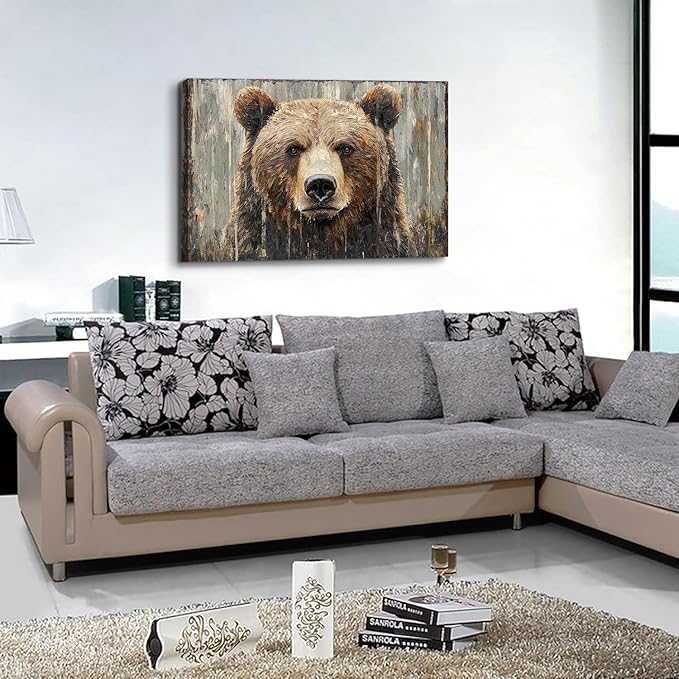 Bear Wall Art Farmhouse Wall Decor Rustic Animal Heads Canvas Prints Funny Animal Pictures Wildlife Portrait Painting Natural Modern Artwork for Teen Bedroom Living Room Home Decoration 24x36"